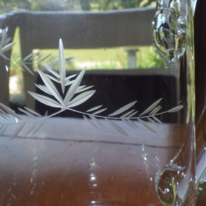 Vintage Etched Pitcher Clear Glass Applied Handle 7 cups 8.75&quot; tall x 3.5&quot; diameter