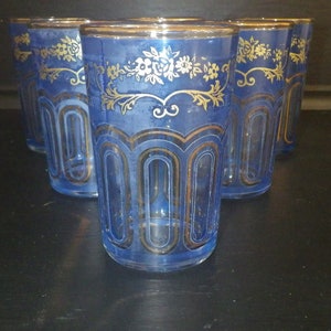 Blauwe sapglazen Verres a The de Lux Gold-ontwerp New Old Stock 6 6 oz glazen met platte bodem Vergelijkbaar met Baccarat BAC91