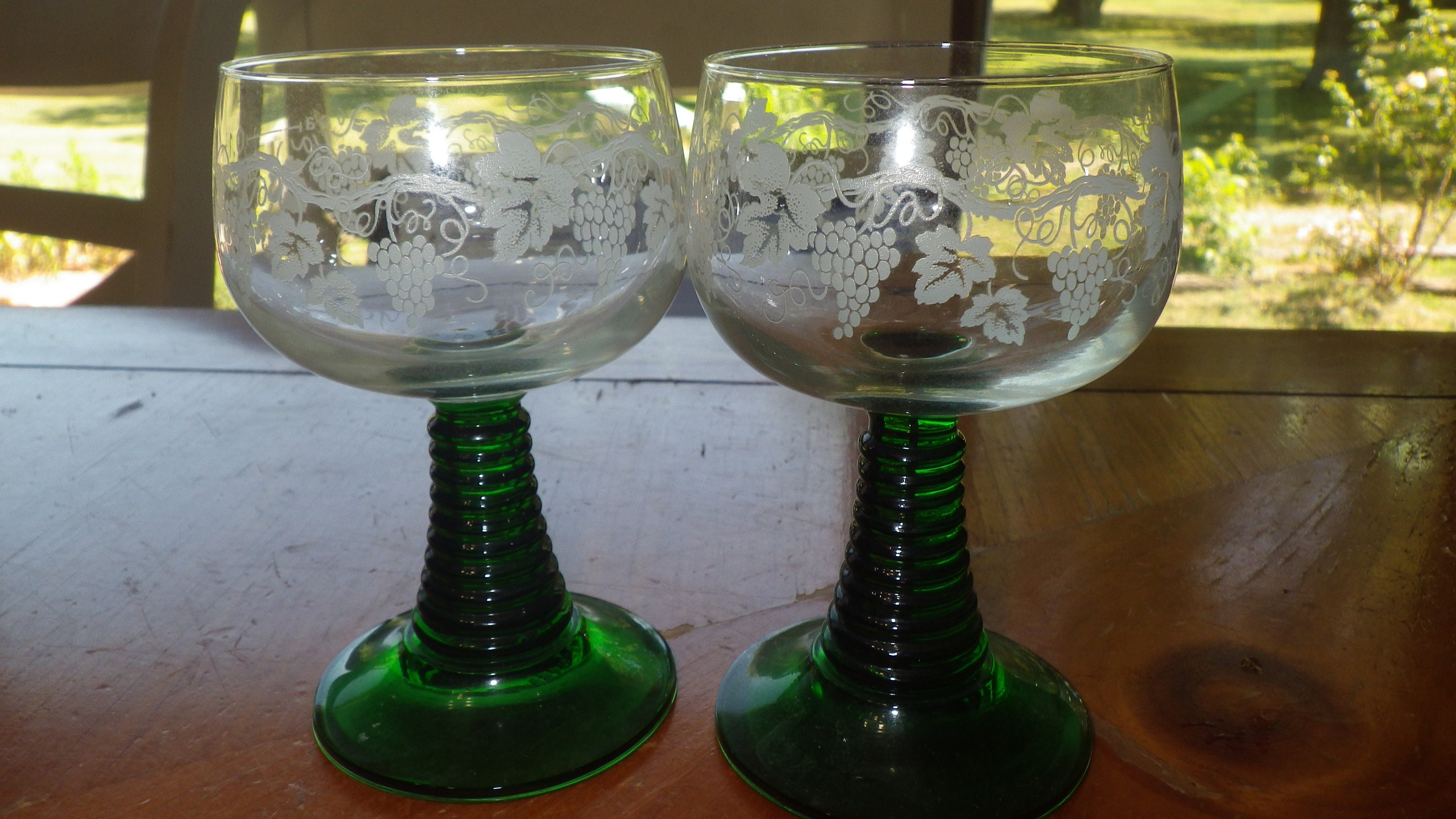 Vintage Luminarc Goblet Glass Etched Green Ribbed Stem Rhine - Etsy