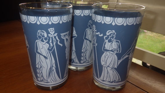 Vintage Greek Blue Hellenic Tumblers Glasses 4 12 Oz Jeannette Glass Co -  Etsy