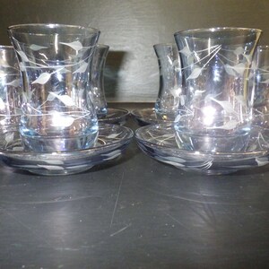 Light Blue etched juice glasses leaf design solid base 6 4 with saucers cordial