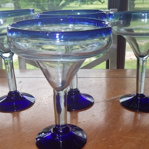 Blue Mexican Margarita glasses Hand Blown Mexico 4 13 oz Unique stemware