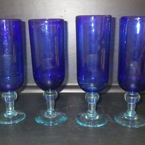 Hand Blown Blue Mexican Tumblers Ice Tea Glasses Tall Footed ball stem 4 16oz