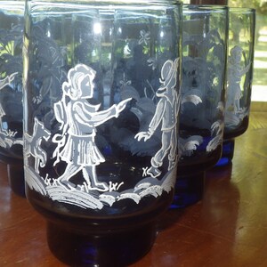 Blue Mary Gregory Tumblers Glasses by LIBBEY GLASS COMPANY Tulip shape 4 12z dog