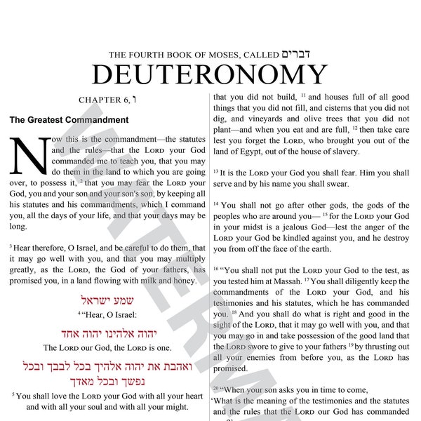 Deuteronomy 6 - Shema - The Greatest Commandment (Full Chapter) English ft. Hebrew | Bible Verse Art | Scripture Wall Art | Instant download