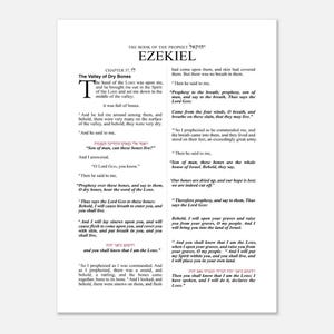 May include: A page from the book of Ezekiel in the Bible, chapter 37, verses 1-14. The text describes a valley full of dry bones and the Lord God breathing life into them. The text is in English and Hebrew.