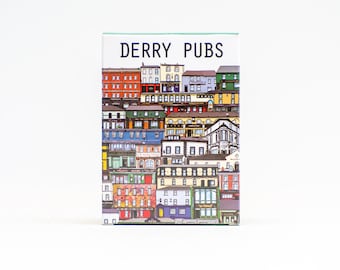 Karty do gry w pubie Derry, irlandzkie puby, pomysł na prezent w Derry, ilustracje pubów, irlandzka pamiątka, wyjątkowy prezent, 52 ilustracje pubów w Kerry