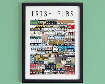 Irish Pubs Illustration, 52 Irish Pubs,  Irish Gift, Souvenir, Irish Pubs, Irish Art, Pub Illustration, Framed