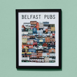 Belfast Pubs Illustration, Framed, Belfast Gift, Belfast Art, 52 Belfast pubs, Belfast Souvenir