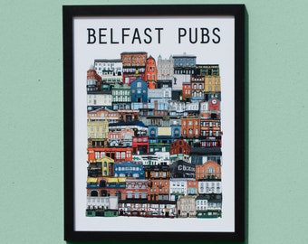 Belfast Pubs Illustration, Framed, Belfast Gift, Belfast Art, 52 Belfast pubs, Belfast Souvenir