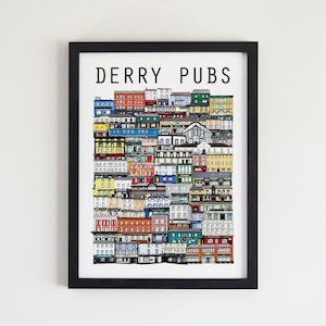 Derry Pubs Illustration, 52 Pubs, Derry Gift, Derry Souvenir, Derry City, Northern Ireland Gift