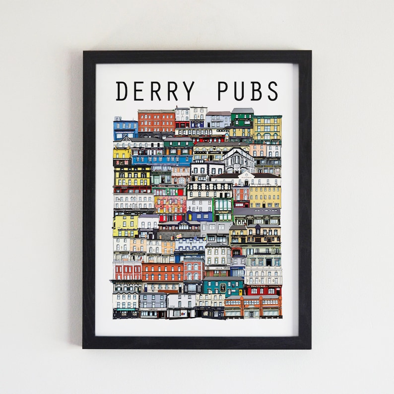Framed print of the Derry Pubs in Northern Ireland. It is made up of 52 different pubs from Derry City making it very colourful and full of detail. A great Derry gift and all the pub illustration you will need. 40x30cm