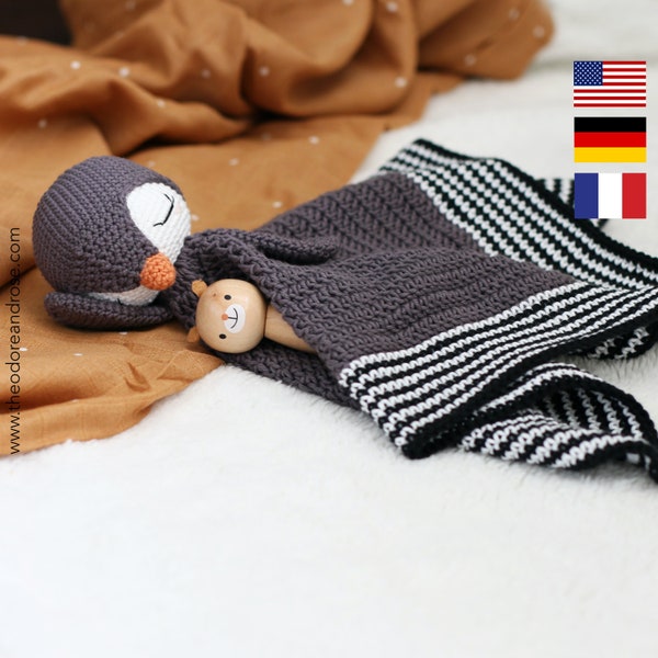 Modèle lovey au crochet - doudou Po le pingouin espiègle - modèle amigurumi, pingouin au crochet, modèle anglais, français et allemand UNIQUEMENT