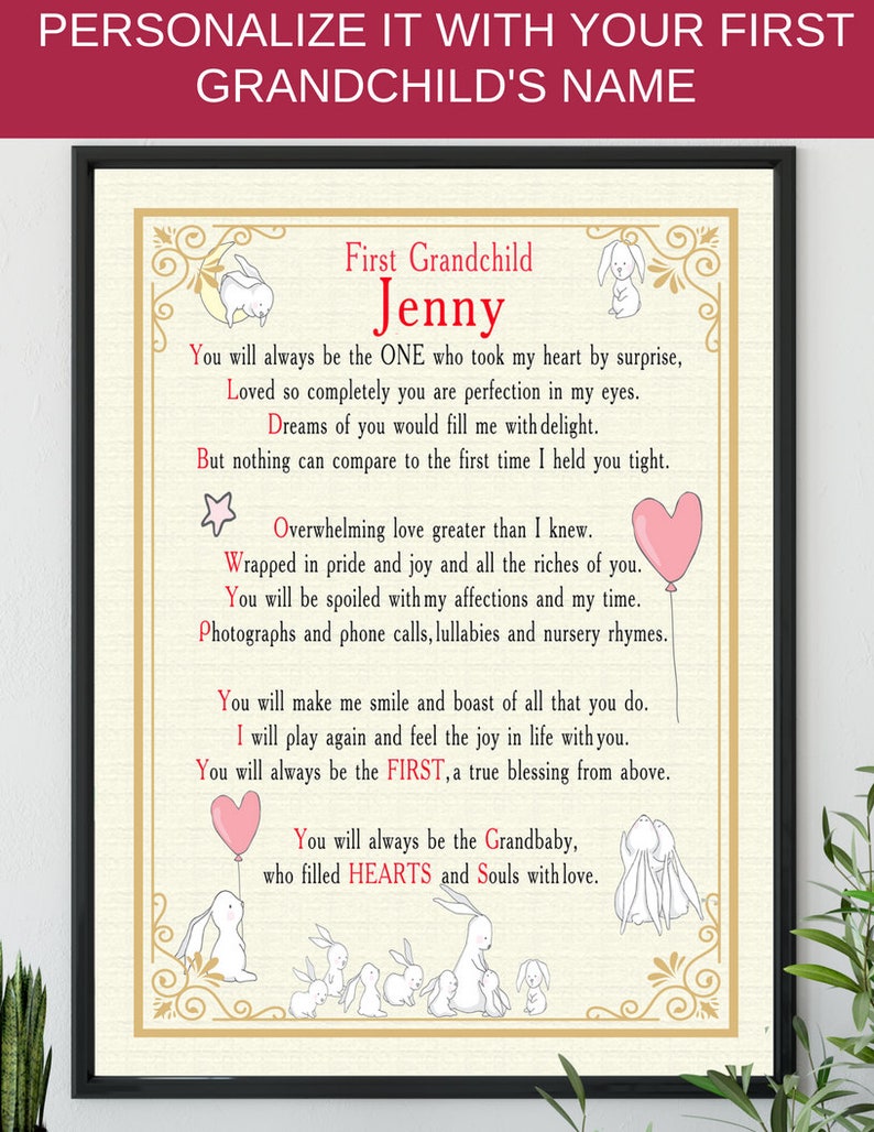 First Grandchild Poster Personalized Red Version Ready To Frame