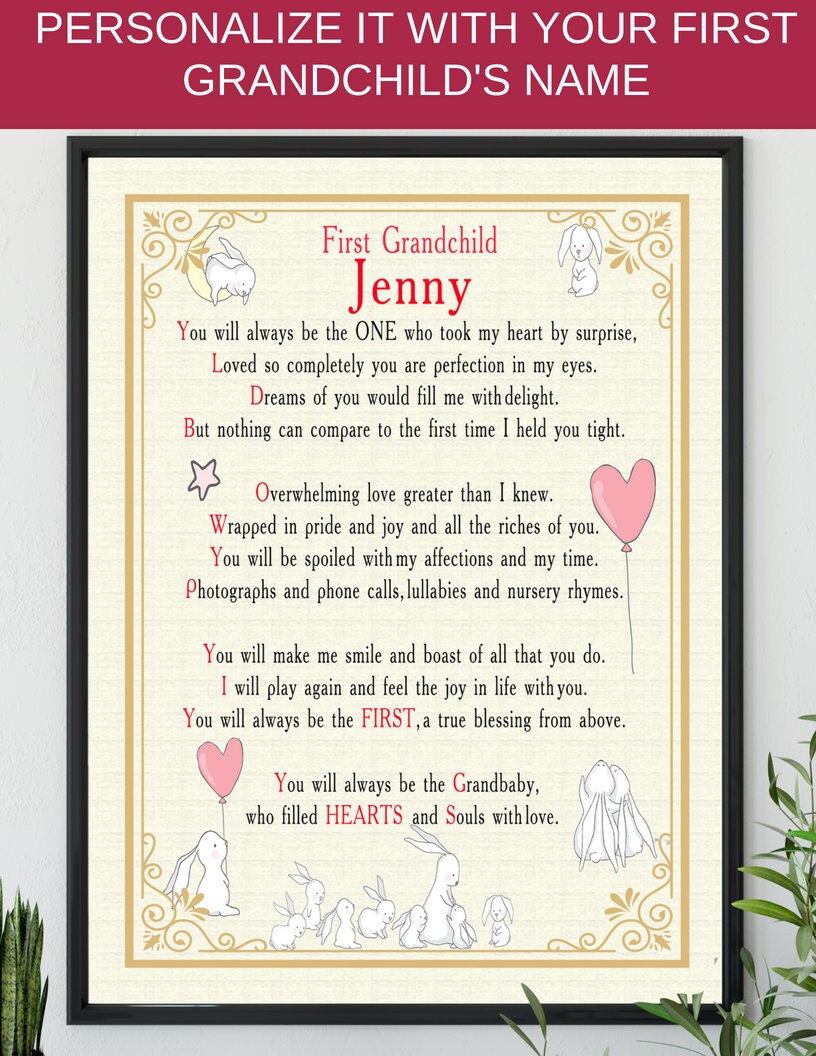 Personalized, FIRST GRANDCHILD Poster, Red Version, Ready to Frame