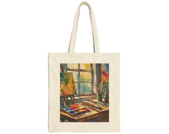 Cotton Canvas Tote Bag for artists. Front and back image of art studio