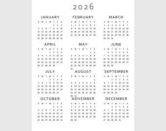 Kalender 2026 in één oogopslag afdrukbaar | Volledige pagina van het eerste jaar | A4, A3, US Letter, Tabloid | Pdf-download | Minimalistische maandag- en zondagstart