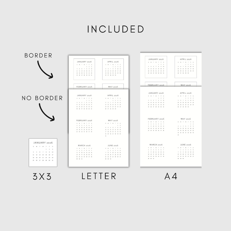 May include: A minimalist design featuring calendar templates in various formats. The image includes options labeled "3X3", "Letter", and "A4", with the word "INCLUDED" at the top. The calendars display months like January, April, and May, with the year 2036.