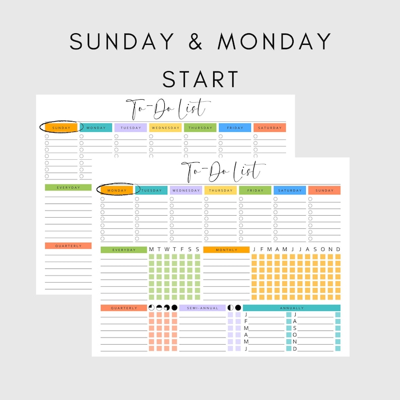 Printable To Do List Template Colorful PDF Checklist Daily Weekly Monthly Annual Instant Download Sunday & Monday Start Task Tracker ADHD A4 image 3