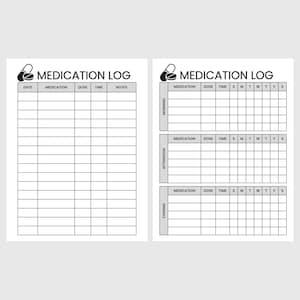 May include: Two black and white medication log templates. The left sheet features columns for date, medication, dose, time, and notes. The right sheet is divided into morning, afternoon, and evening sections with columns for medication, dose, time, and days of the week.