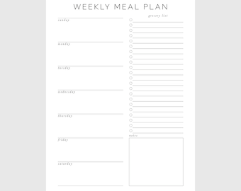 Weekly Meal Planner Printable, Meal Prep, Menu Planner with Grocery List Shopping List, A4 Letter A5 Half Letter, Digital Download PDF