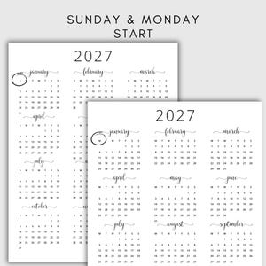 Pode incluir: Um calend&aacute;rio imprim&iacute;vel preto e branco para o ano de 2027. O calend&aacute;rio &eacute; formatado com domingo e segunda-feira como in&iacute;cio da semana. Cada m&ecirc;s &eacute; exibido em uma caixa separada com o nome do m&ecirc;s escrito em it&aacute;lico.