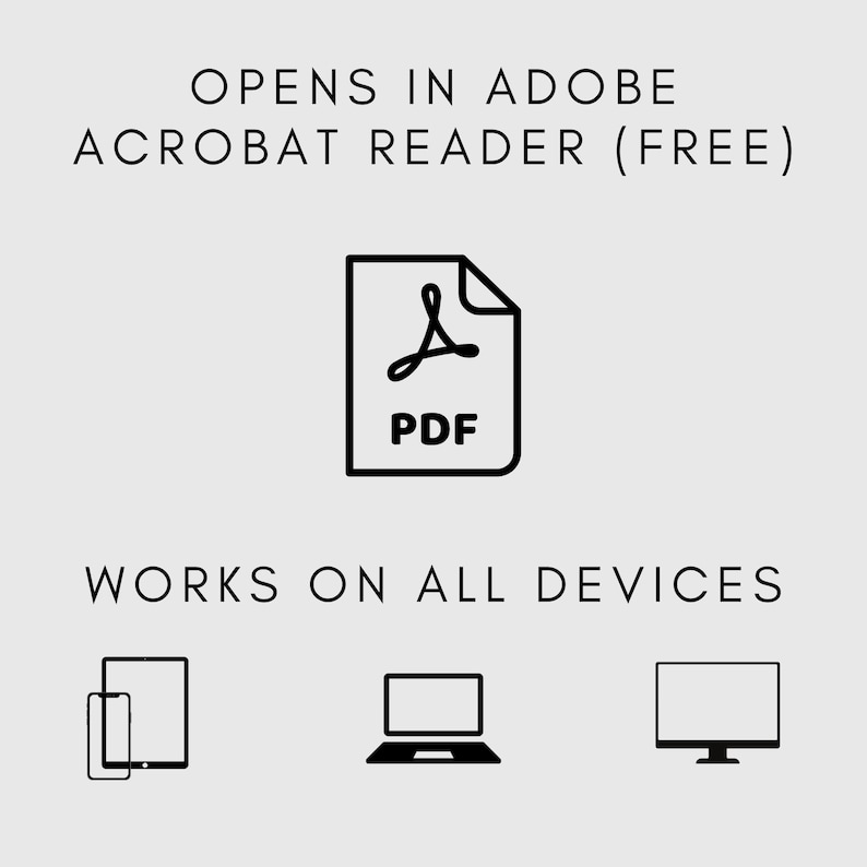 Może przedstawiać: Grafika z tekstem "OPENS IN ADOBE ACROBAT READER (FREE)" nad ikoną PDF. Poniżej ikony znajduje się tekst "WORKS ON ALL DEVICES" z ilustracjami tabletu, laptopa i komputera stacjonarnego.