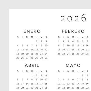 May include: A white 2026 calendar with the months of January, February, April, and May displayed. Each month shows the days of the week and dates in a simple, clean font. The year 2026 is at the top.