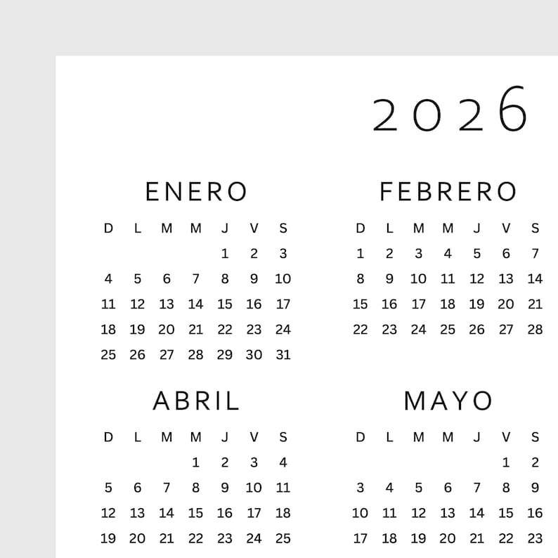 May include: A white 2026 calendar with the months of January, February, April, and May displayed. Each month shows the days of the week and dates in a simple, clean font. The year 2026 is at the top.