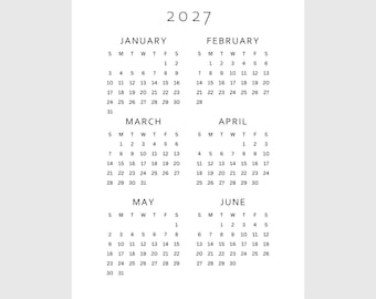 Calendario stampabile 2027 Year at a Glance / 6 mesi una pagina / A4, A3, US Letter, Tabloid / Download PDF / Inizio minimalista lunedì e domenica