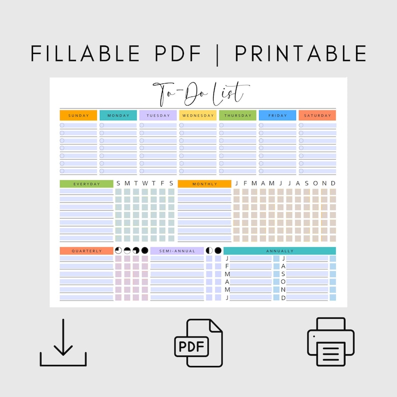 Printable To Do List Template Colorful PDF Checklist Daily Weekly Monthly Annual Instant Download Sunday & Monday Start Task Tracker ADHD A4 image 5