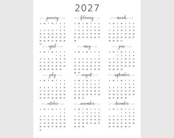 Jaarkalender 2027 Afdrukbare jaarkalender 2027 Kalender 2027 verticaal Wandkalender 2027 A3 A4 Letter-formaat bureaukalender 2027 PDF afdrukken