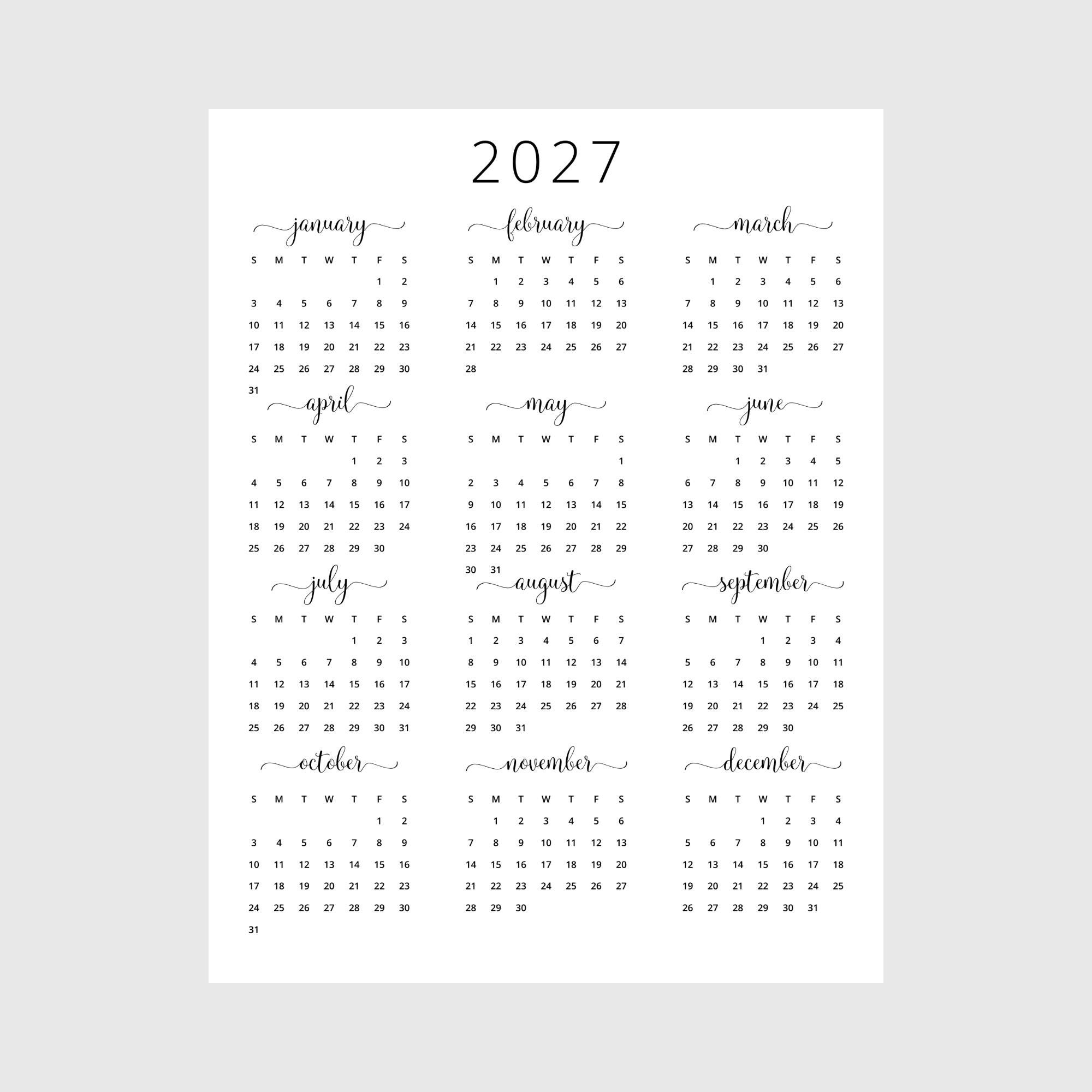 2027 Jahreskalender 2027 Jahreskalender 2027 Druckbarer Kalender 2027
