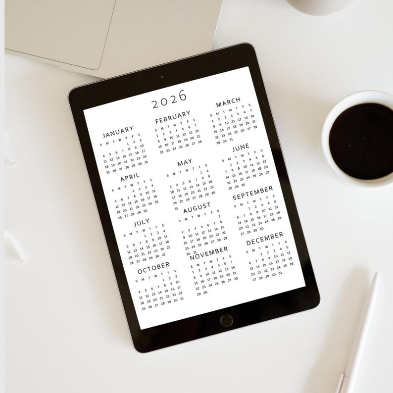 2026 Year at a Glance Calendar Printable | Full Year One Page | A4, A3 ...
