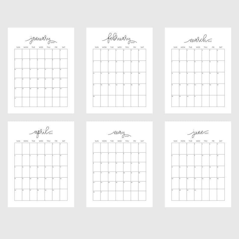 June Incursive 2027 Calendar Printable, Monthly Planner Portrait, Minimal Monthly ...