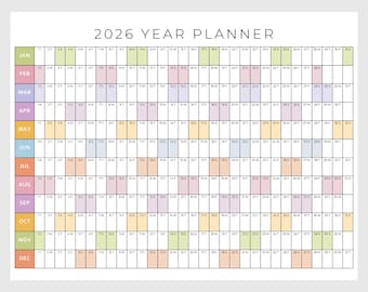 2026 Printable Year Planner | Large Wall Calendar 2026 | Yearly Wall Calendar | Rainbow Year Calendar | Giant Wall Calendar | A1 A2 A3 PDF