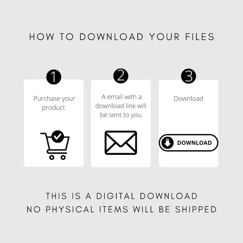 May include: A graphic illustrating the digital download process. The steps include purchasing, receiving an email with a link, and downloading. Text at the bottom states, "This is a digital download. No physical items will be shipped."