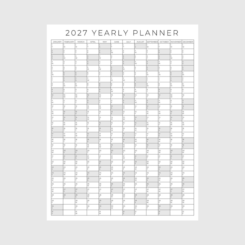 2027 Yearly Planner Printable, Yearly Planning Calendar, Calendar Poster, Digital Calendar, 2027 Calendar, 2027 Planner, Yearly Overview image 1