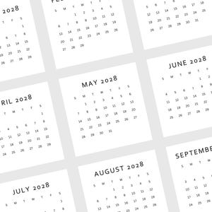 May include: A collection of undated 2028 calendars, each displaying a month with days and dates. The calendars are printed in black on a white background, with a simple, minimalist design.