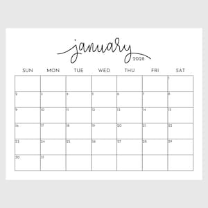 May include: A minimalist white calendar page for January 2028. The word "january" is written in a flowing script above the grid. Days of the week are across the top, with dates filling the grid. The year 2028 is written in a smaller font.
