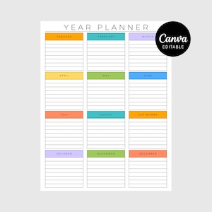 Può includere: Un pianificatore annuale bianco con un layout a griglia, con sezioni mensili etichettate da gennaio a dicembre. Ogni mese ha un'intestazione colorata e spazi a righe per le note. Il logo Canva si trova nell'angolo in alto a destra.