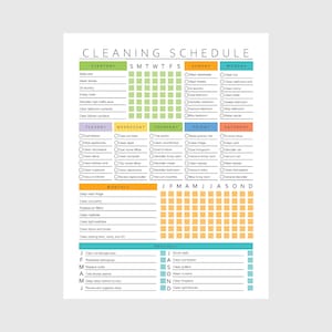 Può includere: Un programma di pulizia stampato con sfondo bianco, diviso in sezioni giornaliere, settimanali, mensili e annuali. Il testo "CLEANING SCHEDULE" è in alto, con elenchi di attività per ogni giorno della settimana.