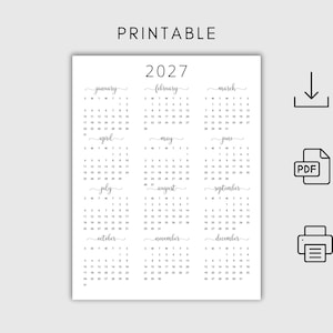 Pode incluir: Um calend&aacute;rio imprim&iacute;vel para o ano de 2027. Cada m&ecirc;s &eacute; exibido em uma caixa separada com os dias da semana rotulados como D, S, T, Q, Q, S, S. O calend&aacute;rio &eacute; em preto e branco.