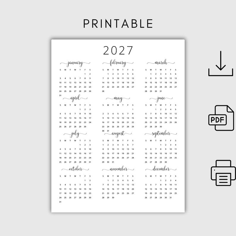 Pode incluir: Um calend&aacute;rio imprim&iacute;vel para o ano de 2027. Cada m&ecirc;s &eacute; exibido em uma caixa separada com os dias da semana rotulados como D, S, T, Q, Q, S, S. O calend&aacute;rio &eacute; em preto e branco.