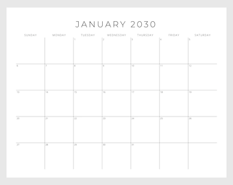 2030 Calendar Printable, Monthly Planner Landscape, Minimal Monthly Calendar 2030 Printable, Sunday Start Letter Wall Calendar Download