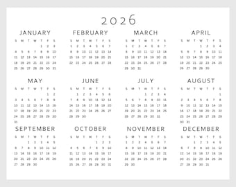 2026 Calendar Printable | Single page | Full year calendar | Year at a Glance | Desk calendar |Monday and Sunday Start, A4 A5 US LETTER PDF