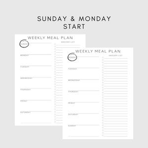 Może przedstawiać: Dwa białe arkusze tygodniowego planu posiłk&oacute;w z tekstem "SUNDAY & MONDAY START". Każdy arkusz ma sekcję na każdy dzień tygodnia i listę zakup&oacute;w. Słowo "MONDAY" jest zakreślone na jednym arkuszu.