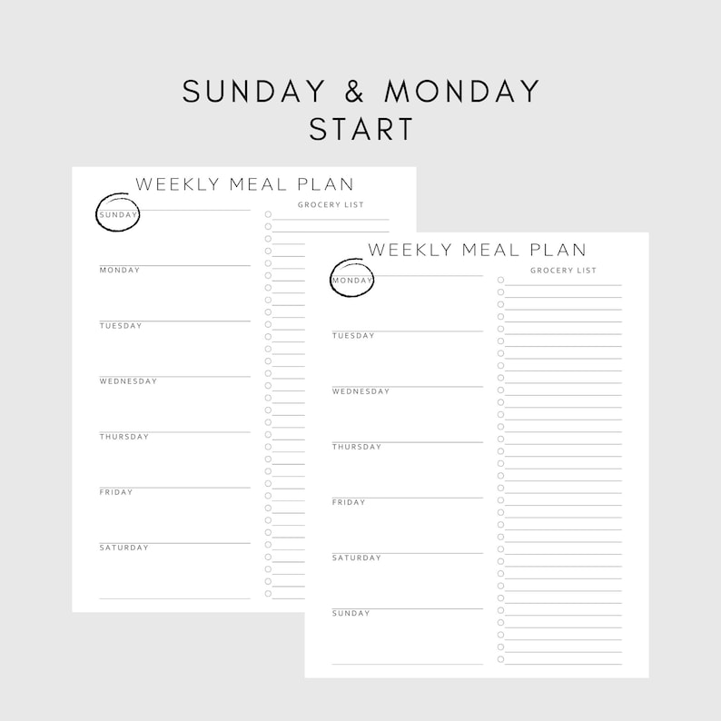 Może przedstawiać: Dwa białe arkusze tygodniowego planu posiłk&oacute;w z tekstem "SUNDAY & MONDAY START". Każdy arkusz ma sekcję na każdy dzień tygodnia i listę zakup&oacute;w. Słowo "MONDAY" jest zakreślone na jednym arkuszu.