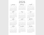 2026 Yearly Calendar 2026 Annual Calendar Printable 2026 Calendar Vertical 2026 Wall Calendar A3 A4 Letter Size Desk Calendar 2026 Print PDF