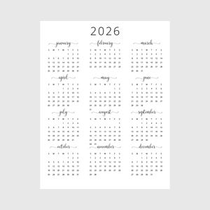 Calendario anual 2026 Calendario anual 2026 imprimible Calendario vertical 2026 Calendario de pared 2026 Tamaño carta A3 A4 Calendario de escritorio 2026 Imprimir PDF